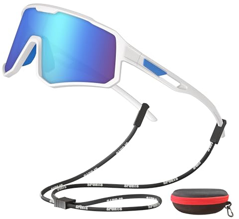 DUKZURA Occhiali da Sole Sportivi Polarizzati, Occhiali da Ciclismo Uomo e Donna per Ciclismo,Guida,Sci,Alpinismo, Pesca e Corsa con Protezione UV400 e Telaio Infrangibile TR90 (bianca, blu)