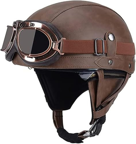 Retro Motorradhelm, Lederhelm Jethelme Leder-Helm Vintage Mopedhelm Mit Brille Motorradkreuzer-Rollerhelm Motorrad Helme Für Herren Halbschalenhelm Mit Ece 3, M=57-58cm