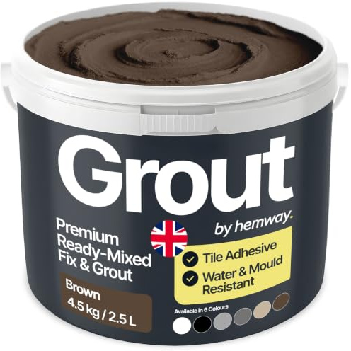 Hemway Brown Ready Mixed Grout & Fix, Wall & Tile Adhesive 4.5kg | Water-Resistant, Anti-Mould, Easy to Use & Fast-Drying, Suitable as Kitchen & Bathroom Tile Grout, Brown Grout 4.5kg / 2.5L
