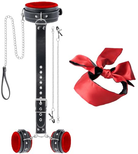 BDSMAGE Set di Bondage con Morsetti per Capezzoli e Maschera per gli Occhi, Manette, Collare, Kit di Bondage SM per Giocattoli Sessuali per Coppie Uomo Donna (Noir et rouge)