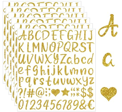 Calkkrer 6 Hojas de Adhesivos de Letras Doradas, Letras de Vinilo Autoadhesivas, Pegatinas de Letras Brillantes, números Adhesivos para Gorra de graduación, Manualidades de Scrapbooking