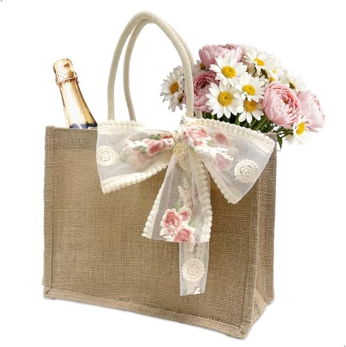 fuxunamz Borsa Juta, Borsa Mare Donna, Borse Spesa, Borsa per la Spesa in Juta Portatile, Sacchi di Juta con Fiocco, Regalo per Colleghe, Insegnanti, Amiche Del Cuore, Madri e Nonne