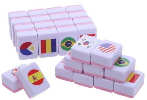 Toyvian 64pezzi Gioco Di Tessere Mahjong Bandiere Nazionali Set Di Tessere in Melamina Da Gioco Da Tavolo Educativo Per Giocatori Per Famiglie Feste e Apprendimento Geografico