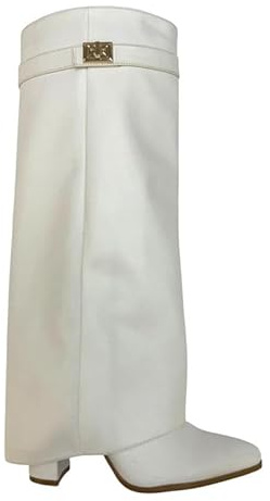 sole london LADIES Women's KNEE HIGH Fold Over Buckle Fashion Zip Pointed Block Heel Boots – Stylish Ruched Design – Comfortable Mid-Block Heel (4 INCH)– Faux Leather & Faux Suede_WHITE 4