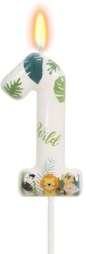 Koboko Selvaggio giungla Safari Animale Tema Primo Compleanno Candela Numero Decorativo 1 Forma con Foglie Tropicali e Animali Carini per Bambini Festa di Compleanno