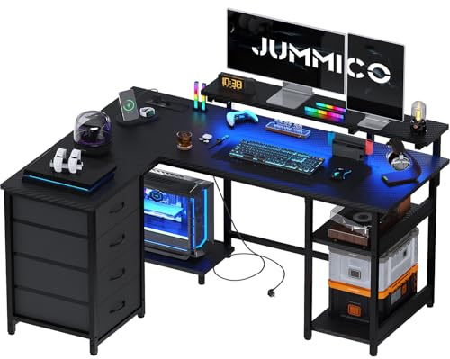 JUMMICO 135cm Mesa en Forma L con Luces LED, Escritorio de Esquina Ordenador para Home Office, Mesa Gaming con Estantes de Almacenamiento, Esquina Reversible y Estructura Estable, Negro Carbón