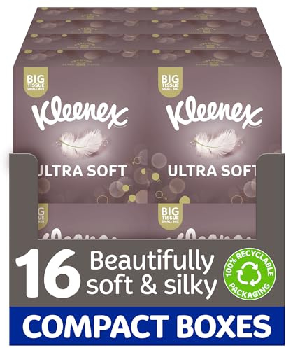 Kleenex Ultra Soft Extra Large Tissue in 16 Compact Boxes - Our Softest Tissue - Supremely Soft and Silky Tissues Designed with Luxury in Mind (Pack of 8)