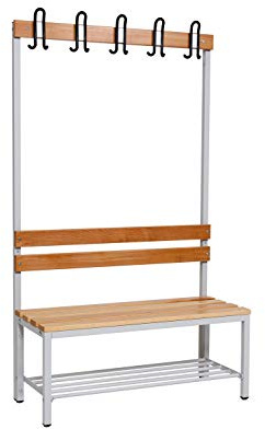 furni24 Umkleidesitzbank mit Stahlrahmen, Garderobenbank Sportraum Bank für Fitnessstudio Buche Echtholz, lackierter, Hakenleiste und TÜV/GS getestet - 100 cm Einseitige mit Schuhrost - Grau