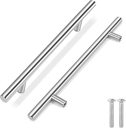 Flexzion 1 paquete de manijas plateadas para cajones de cocina, 12 pulgadas, centro de agujero de 7.5 pulgadas, barra en T de acero inoxidable con níquel cepillado satinado, accesorios para puerta de