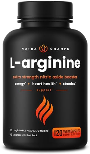 NutraChamps L-Arginine Supplement 1000mg + L-Citrulline 250mg & Beet Root – Nitric Oxide Booster for Heart Health, Energy & Stamina – Extra Strength Amino Acid Complex – 120 Vegan Capsules