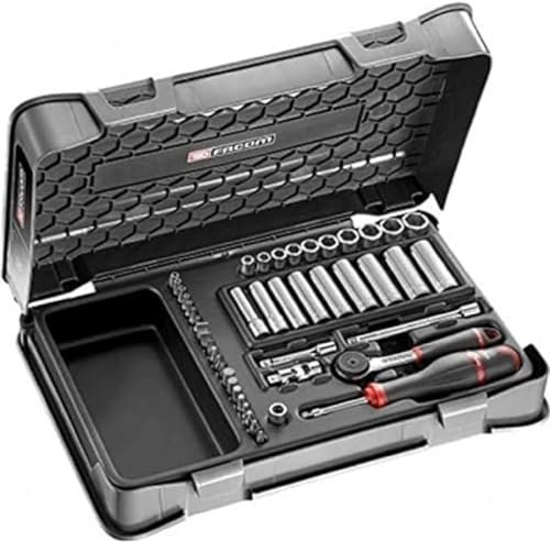 FACOM Coffret Cliquet et Douilles Longues 1/4 6 Pans Métriques - 46 Pièces - Coffret et Plateau Inclus - R.2BLPB