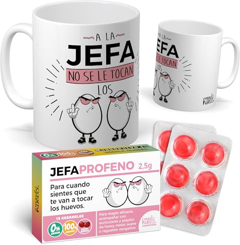 Pack Jefa | Taza la Jefa no se le tocan los … + Caramelos JEFA PROFENO – Regalo divertido para Día de la Madre – Detalle gracioso de cumpleaños y oficina | Frase Divertida | Cerámica 350 ML