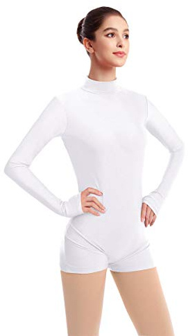ODASDO Women Adult Mock Neck Gymnastics Dance Leotard Boyshorts Long Sleeve Bodysuit Ballet Dancewear Spandex One-piece Biketard Unitard Shorts Traning Sports Party Costume White XS