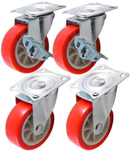 4 Rollen Lenkrollen Set Ø 50mm Möbelrolle Geräte Rolle spurlos Reifen rot orange Apparaterolle mit Stop Stopper Feststeller Bremse