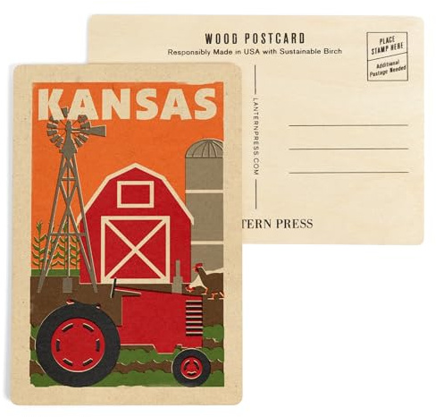 Kansas, Country, Woodblock (4x6 Birch Wood Postcards, 2-Pack Stationary, Rustic Home Wall Decor)