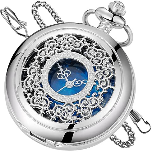 Tiong Quartz Pocket Watch Hollow Steampunk Blue Star Design Roman Numerals Pocket FOB Watch with Chain Christmas Gifts