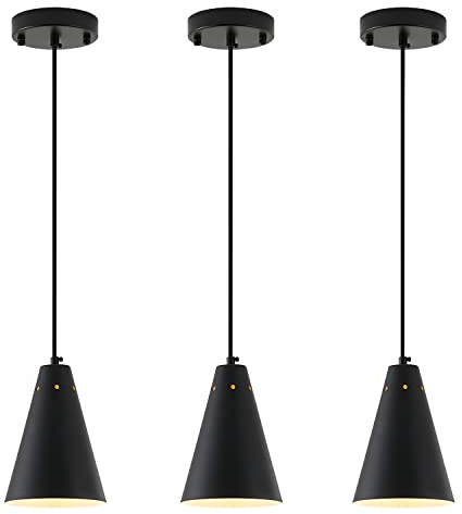 Dijiahua Black Pendant Lights 3 Pack for Kitchen Island,Small Modern Industrial Chandeliers with Cone Metal Shade,Mini Adjustable Cord Hanging Lighting Fixtures for Over Sink,Bar,Dining Room