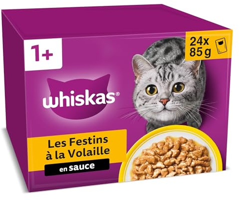 WHISKAS Aliment humide en sauce Chat adulte 24x85g Festins à la Volaille (Lot de 2) 48 Sachets