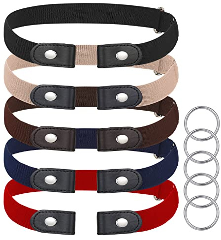 Pinenuts No Buckle Elastic Belt for Women Men, 5 Pcs Buckle Free Elastic Belt Invisible Adjustable Stretch Belt Quick Release Durable Buckleless Waist Belt for Jeans Pants Dress, Red