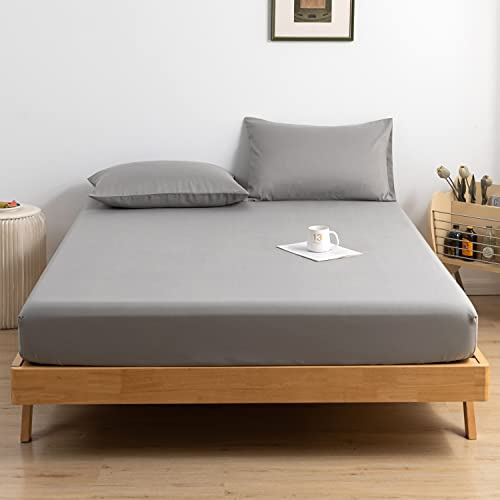Good Nite Single Fitted Sheet Bed Sheets 25CM Extra Deep Pocket Soft and Breathable Fitted Bedding Sheets (Gray, Single)