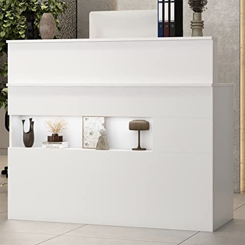 Caldion Comptoir de réception avec tiroir verrouillable Comptoir d'accueil avec Lumière à LED Bureau de d'accueil avec Rangement Table de réception pour Klinik Salon Lobby Magasin Blanc 120x50x100cm