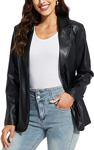Fahsyee Women's Faux Leather Blazer Jacket Women, Black Motorcycle Jackets Moto Biker Coat Vegan Pleather Fashion M