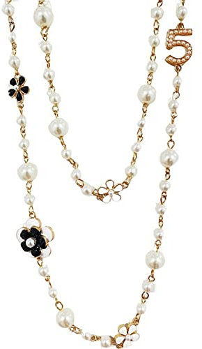 CZZSiug Imitation Perle Halskette Kamelie Perlen Rose Blume Lange Doppellagige Mode Pullover Kette Anhänger Halskette Geburtstag Weihnachten Party Schmuck Geschenk für Frauen Mädchen