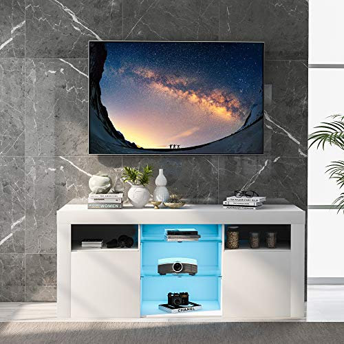 Merax TV Schrank Lowboard mit LED-Leuchten, TV Board mit 2 Schränken mit Türen und 5 offenen Regalen, Modernes Hochglanz TV-Ständer Fernsehtisch, für Wohnzimmer, Esszimmer, 120 x 35 x 50 cm, Weiß