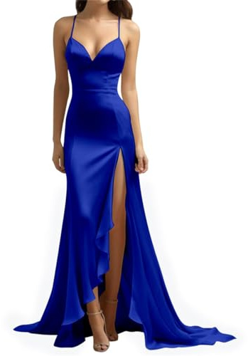 Abito da donna in raso a sirena, abito da damigella d'onore lungo con spacco increspato abito da sera formale, Blu reale, 34