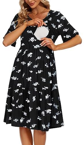 Smallshow Women's Maternity Nursing Dress Short Sleeve Ruffle Breastfeeding Clothes,Black Flowers,M