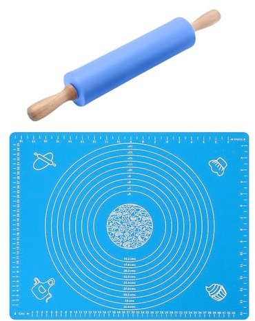 1 Piece Rolling Pin for Baking, 1 Piece Silicone Kneading Mat, Fondant Rolling Pin, Wooden Rolling Pin, Clay Rolling Pin, Silicone Dough Roller, Dough Sheeter (Blue)