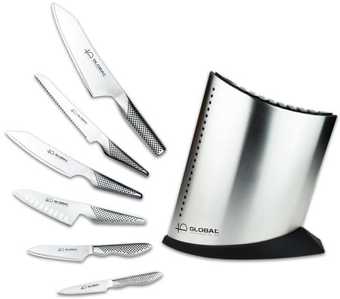 Global Knives Limited Edition 7 Piece Knife Block Set 40th Anniversary, Japanese Kitchen Knives: Chef's Knife, Cook’s Knife, Bread Knife, Santoku, Kiritsuke & Paring Knives, G-52AN7-C Made in Japan