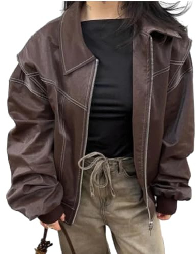 ORANDESIGNE Veste de Motard Surdimensionnée en Similicuir pour Femme Leather Blazer Manteau Fermeture éclair Oversize Jacket Veste Bomber en Cuir F Marron S