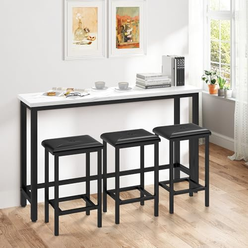 HUGROVE 4-Piece Bar Table and Chairs Set with 3 PU Upholstered Bar Stools, 60.2 Faux Marble Table Top, Modern Counter Height Table for Kitchen, Living Room, Party Room, Small Space, Pub (Black)
