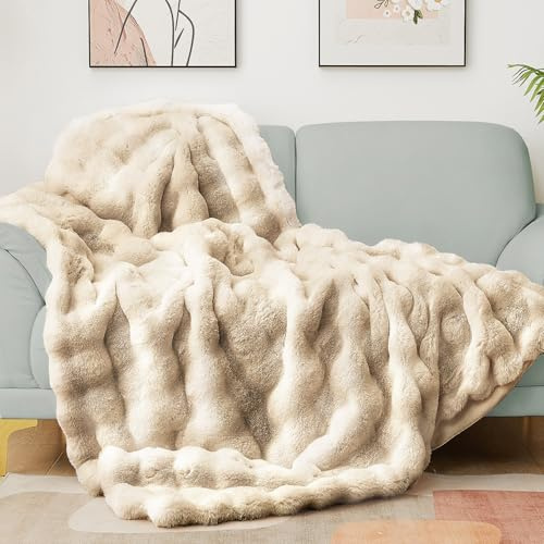 Latepis Couverture à bulles en fausse fourrure douce, épaisse, chaude et confortable pour canapé et chambre à coucher, couverture pelucheuse pour femme (152,4 x 203,2 cm, chameau tie-dye, 860 g/m²)