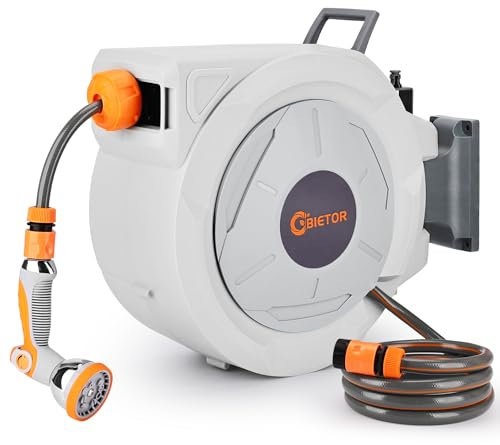 Retractable Garden Hose Reel 20m+2m, Wall Mounted Hose Reel,Heavy Duty Hose Pipe Reel with 10 Pattern Hose Nozzle, Auto Lock and Auto Rewind, Lock at Any Length,180°Swivel Bracket