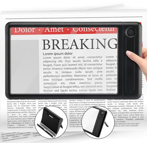 4X Magnifying Glass with Light for Reading, Full Page Magnifier with Dimmable LED, Handheld Magnifier with Carrying Stand for Reading Newspaper, Small Print for Seniors Low Vision