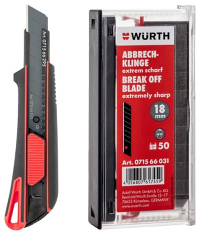 Würth Cuttermesser 071566295 Teppichmesser 18mm inkl. 3 Abbrechklingen und 50 zusätzlichen 18mm Abbrechklingen extrem scharf im Spender