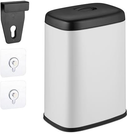 Relaxdays Cestino da Bagno, con Adesivo da Muro o Gancio per Anta, Pattumiera 5 L, Secchio Interno, in Ferro, Bianco