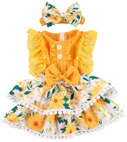 BABESIDE Reborn Baby Doll Clothes for 17-22 Inch Dolls – Yellow Sunflower Outfit with Headband – Soft Dress Up Baby Doll Accessories for Girls’ Pretend Play