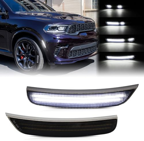 Dynamic LED Side Marker Light for Dodge Durango 2021 2022 2023 2024 2025 Front Bumper Fender White Sequential Turn Signal Assembly, Smoked Lens