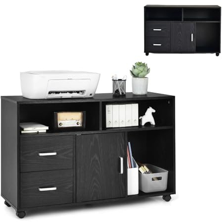 KOMFOTTEU Armadietto Portadocumenti con 5 Ruote, Schedario da Ufficio con 2 Cassetti, Armadio con Anta e 3 Scomparti, Cassettiera Scrivania per Stampante per Studio, Soggiorno, 104 x 35 x 65,5cm, Nero
