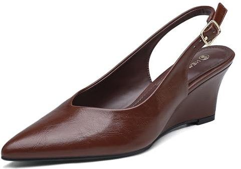 NEWBELLA Women's Wedge Heels - Minimalist Faux Leather Pumps with Back Straps, Comfortable Dress Shoes for Work & Everyday Wear, Brown 8.5
