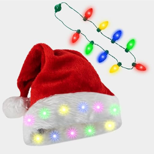 Gorro de Navidad con Luces, Gorro Santa Claus con Luz LED, Gorros de Navidad de Peluche, con Colorida Cadena de Bombillas, Perfecto Para Fiestas Navideñas, Días Festivos y Regalos de Año Nuevo