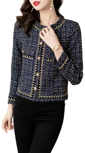 Suncadmious Giacca corta da Donna in tweed a quadri con scollo rotondo elegante e alla moda con revers abbottonato per ufficio primavera/autunno (Marina,S)