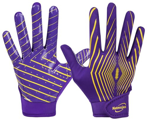 Natmxjen Youth Football Gloves Kids Sticky Receiver Gloves Grip Football Glove for Boys and Girls,Purple/Yellow XS/S