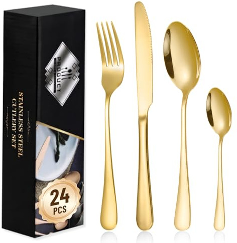 Bizcasa bestickset 6 personer, bestickset 24 delar, inklusive kniv, gaffel, sked, bestick rostfritt stål spegelpolerad, diskmaskinssäker, 2,5 mm för hem/fest/restaurang klassisk och enkel design