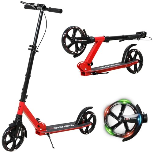 Novonova 200mm LED Big Wheel Scooter NV-D001BA mit Leuchtrollen - Klappbarer Cityroller für Kinder ab 9 & Jugendliche (125-175cm), Federung & Doppelbremse, Tretroller bis 100kg (Rot)