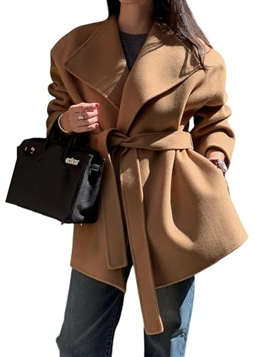 Vestes habillées pour femmes, manteau court léger à nouer avec ceinture, caban élégant et chaud pour l'hiver, kaki taille moyenne