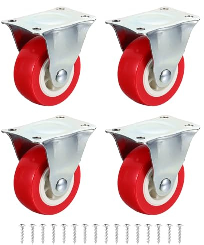DEFANEX 4pcs Rigid Caster Wheels (2.5 Inch) - PVC Non-Swivel Top Plates Castors for Furniture Drawers Storage Bins DIY Project, Red